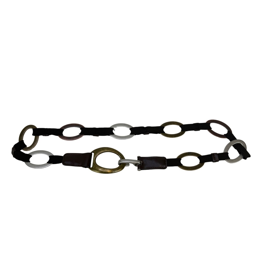 Mixed Metal Oval Link Stretch Belt Brown Elastic Boho Hook Buckle Multi Tone